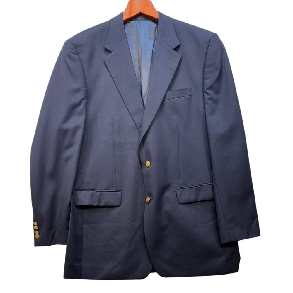 Chaps Mens Wool Blazer Jacket 42L Navy Blue Two Gold Button Old Money